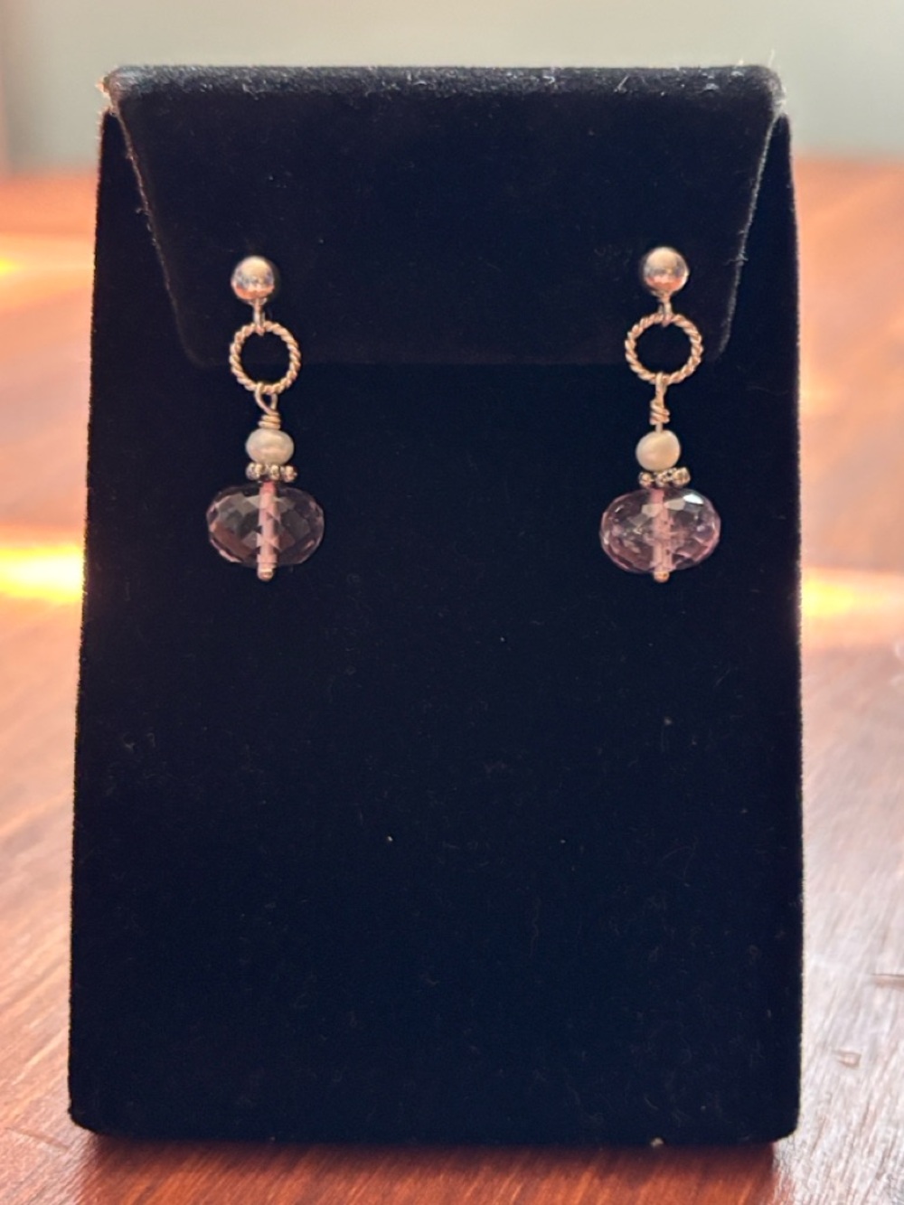 Sterling Silver Amethyst and Pearl Drop Earrings